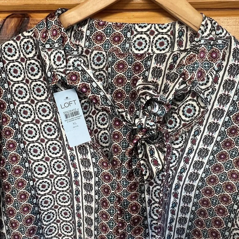 Loft Womens Tied Tie Front V Neck Long Sleeve Blouse Multicolor Size XL NEW